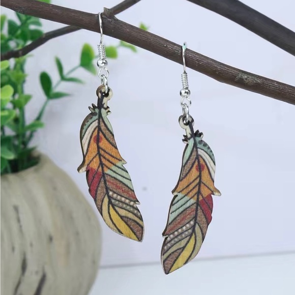 BOGO Multicolor Wood Feather 2" Earrings - Picture 5 of 9